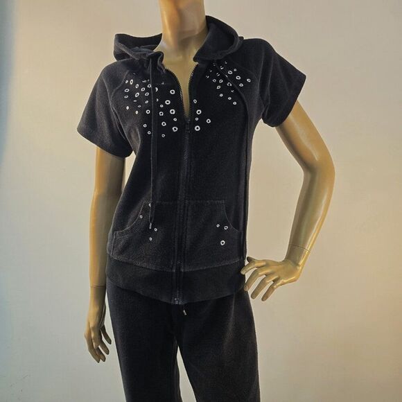 Vishal Black Track Jogging Suit Zip Up Hoodie With Cropped Pants Womens Sz M - Picture 3 of 11